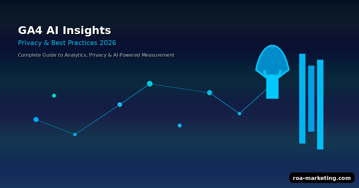 A glowing digital dashboard with AI analytics charts overlaying a dark minimalist background, subtle data streams connecting GA4 interface elements