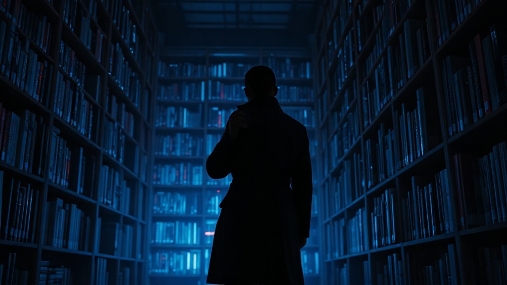 Warm orange search magnifying glass over a library of glowing knowledge cards, editorial illustration