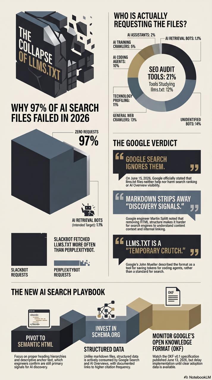LLMs.txt failure infographic — 97% get zero requests, AI retrieval bots only 1%